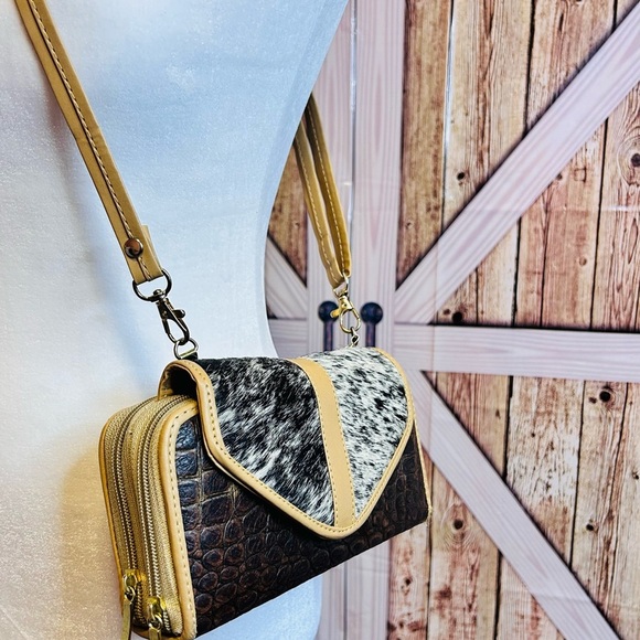 cowhide Handbags - Western style cow-hide crossbody wallet Stylish Brown and Cream Women's Bag